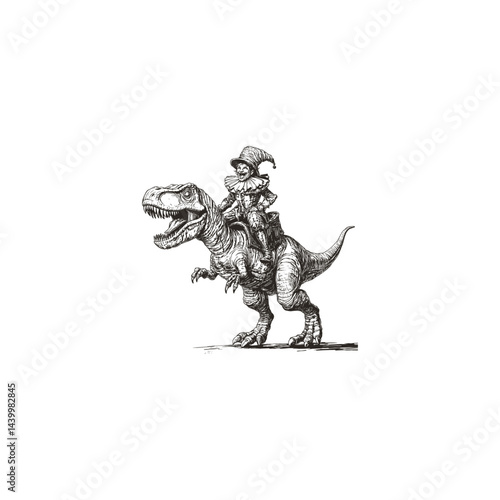 whimsical jester riding a mighty T-Rex design vector template illustration