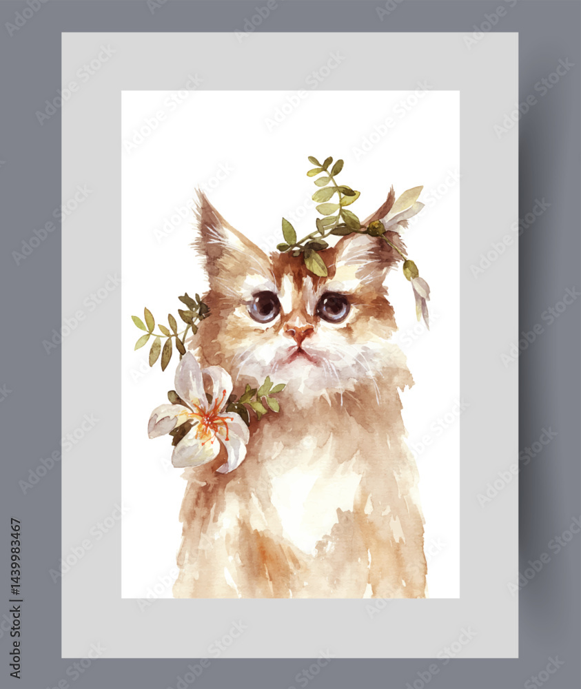 Fluffy cat with flower on neck and petals around face on wall art. Watercolor artwork. Print with fluffy adult cat or small kitten with big surprised eyes, in frame with decor for poster