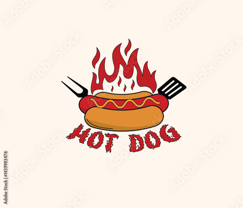 Hot Dog Logo with Flames and Grill Tools Illustration