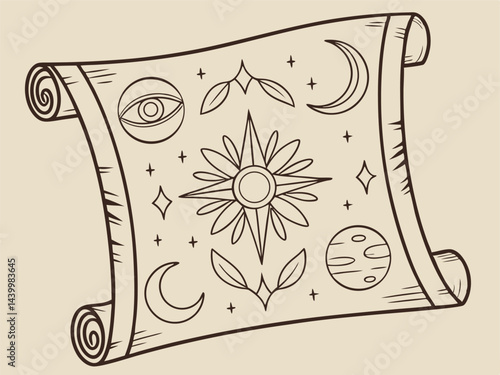 Mystic Scroll with Eye, Stars, Moon Illustration