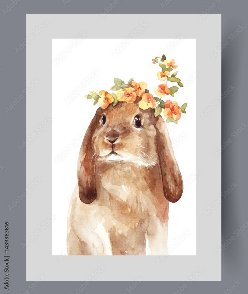 Little easter bunny with long drooping ears and spring flowers on print. Watercolor poster. Artwork with easter bunny symbolizing christian holiday, in frame with decor for wall art
