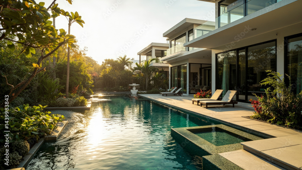 Luxury villa with private pool and tropical garden at sunrise. Modern architecture, stunning view, tranquil oasis. Luxury villa with private pool and tropical garden at sunrise. Modern architecture, stunning view, tranquil oasis.