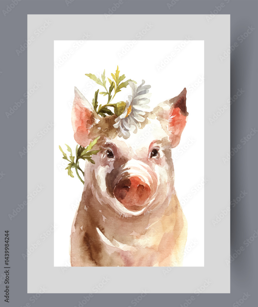 Small pig or adult boar with spring flower above its muzzle on print. Watercolor poster. Artwork with pink pig looking friendly at viewer from canvas, in frame with decor for wall art