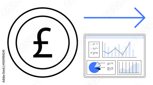 Pound currency coin linked with an arrow pointing to a data dashboard displaying charts, graphs, and analytics. Ideal for finance, business, economy, investment, analytics, fintech simple landing