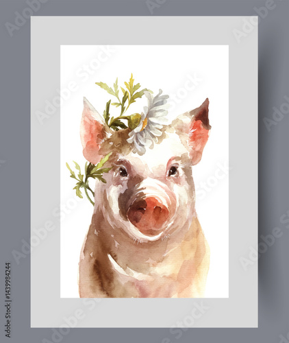 Obraz na płótnie Small pig or adult boar with spring flower above its muzzle on print. Watercolor poster. Artwork with pink pig looking friendly at viewer from canvas, in frame with decor for wall art w salonie