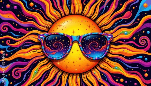 funky pattern a sun with psychedelic sunglasses, featuring swirling patterns and bright colors, capturing a groovy aesthetic.