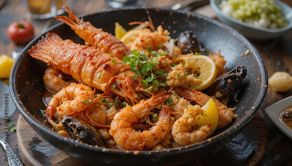 Lobster prawns and seafood in bowl. Lobster prawns and seafood in bowl.