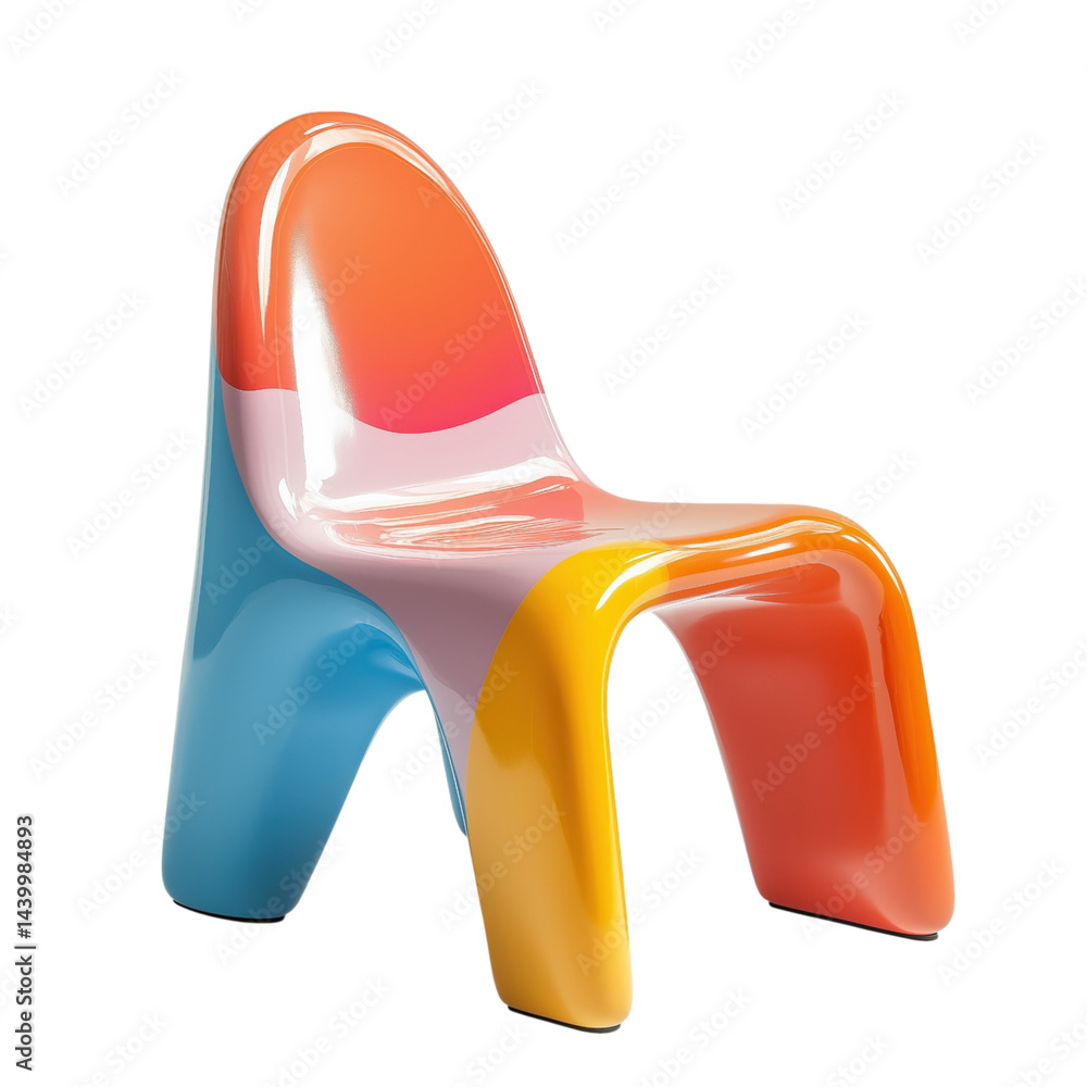 Colorful plastic children's chair with red, yellow, blue, and orange segments, playful modern design isolated on transparent background