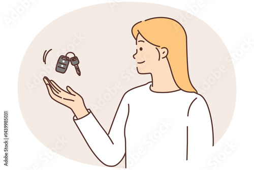 Woman with smile tosses keys to car, proud of having premium vehicle or leasing car