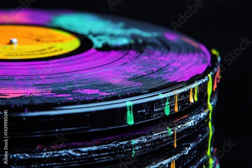 A stack of vinyl records creatively painted with vibrant neon colors, dripping with paint.