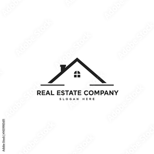 Minimalist real estate company logo featuring simple house roof outline. Symbol for property, home, construction, or realtor.
