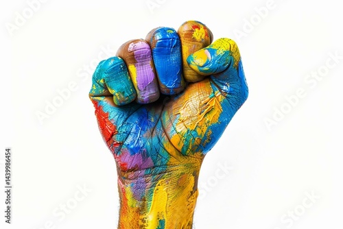 Close-Up of Fist Painted in Vibrant Rainbow Colors Symbolizing Art and Expression