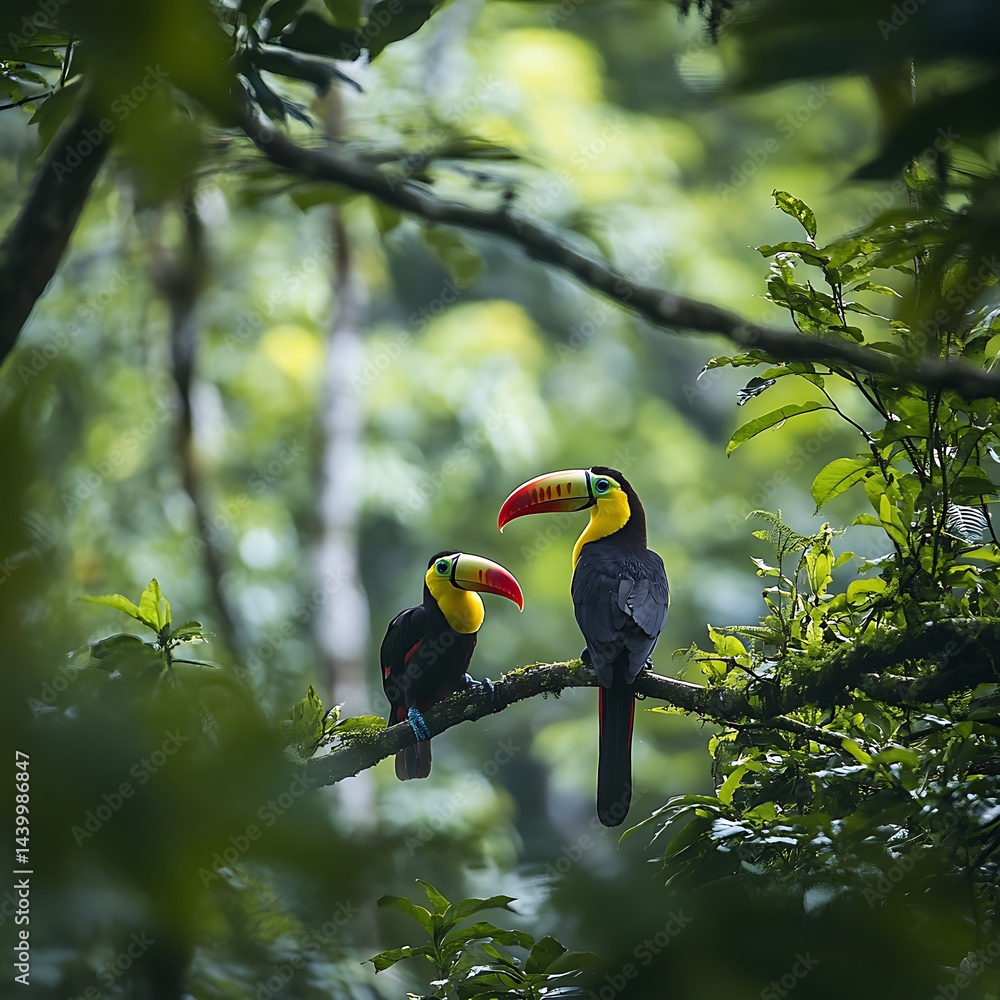 Fototapeta premium Colorful toucans perched on a branch in lush jungle forest