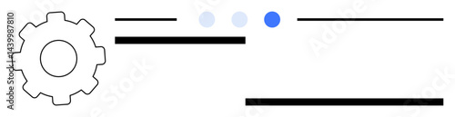 Gear adjacent to horizontal lines with three circular progress indicators. Ideal for process, workflow, integration, UIUX design, automation, system management, technical interface, simple landing