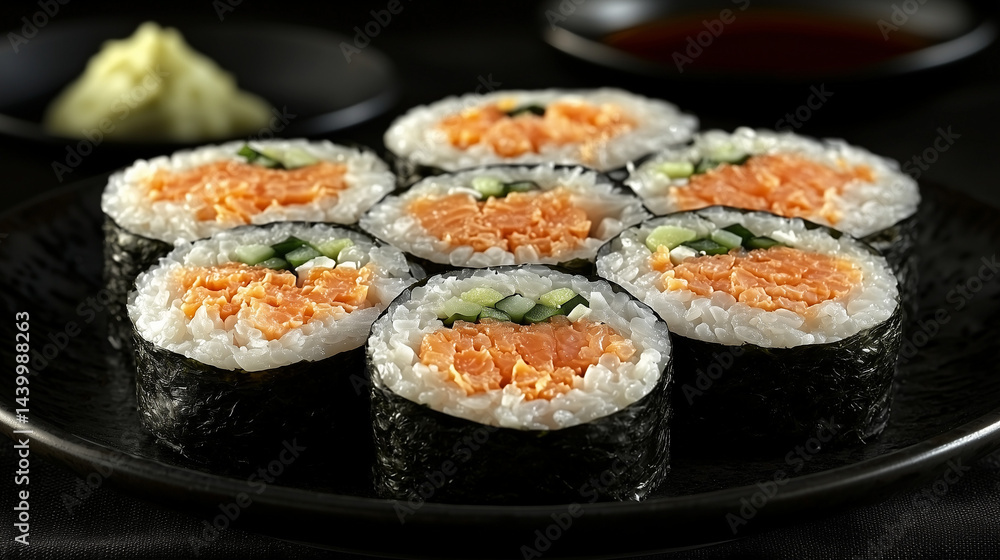 Seven pieces of salmon sushi rolls with rice, seaweed, cucumber, and wasabi, served on a black plate. Seven pieces of salmon sushi rolls with rice, seaweed, cucumber, and wasabi, served on a black plate.