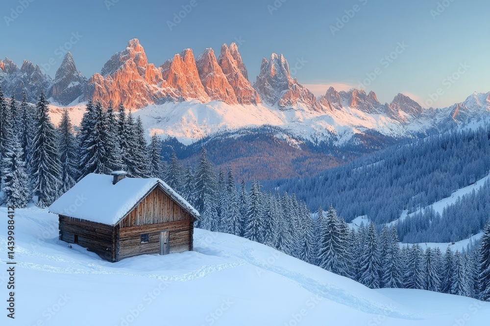 A rustic wooden cabin sits nestled in a snowy mountain valley, bathed in the golden light of sunrise, with majestic peaks in the background. A rustic wooden cabin sits nestled in a snowy mountain valley, bathed in the golden light of sunrise, with majestic peaks in the background.