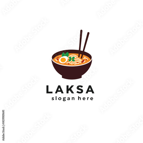 Laksa Soup Logo: Simple flat illustration of a bowl of Southeast Asian noodle soup.
