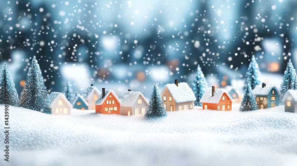 Naklejka premium Enchanting winter wonderland, cozy village with snowcovered houses and frosted trees
