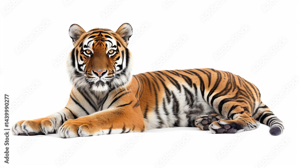 Fototapeta premium Lying tiger isolated on a clean white background. Powerful feline.