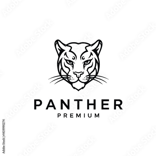 Panther Premium Logo: Detailed line art drawing of a fierce panther head emblem.

