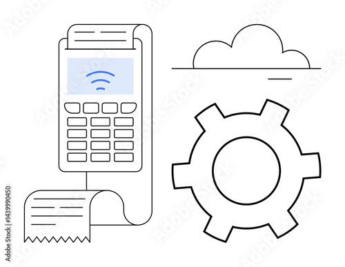 Mobile payment terminal with receipt and wireless signal, a gear for settings or configuration, and a cloud indicating technology or cloud computing. Ideal for e-commerce, digital payment, retail