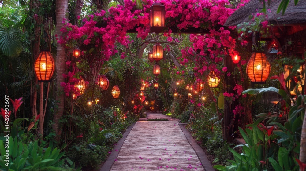 Tropical resort garden path lined with exotic flowers and lanterns Tropical resort garden path lined with exotic flowers and lanterns