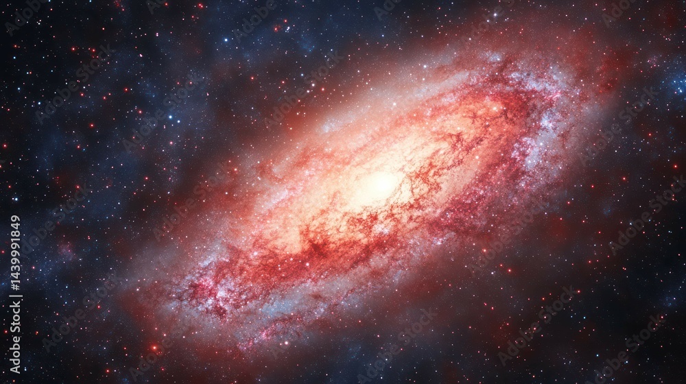 Fototapeta premium A beautiful spiral galaxy glows with red and blue hues in deep space.