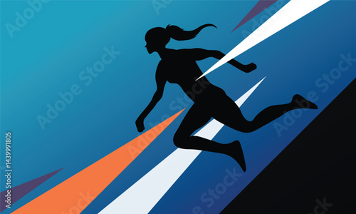 Powerful female athlete mid run on blue streaks