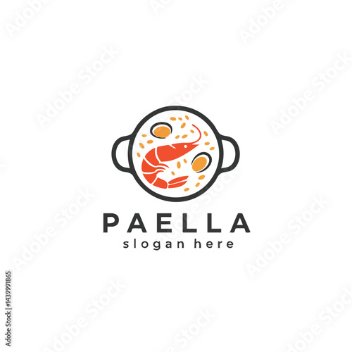 Paella Logo: Top view illustration of a traditional Spanish seafood paella pan dish.
