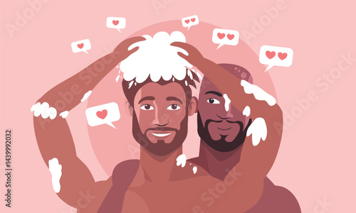 Two Happy Men Showering Together with Love Symbols