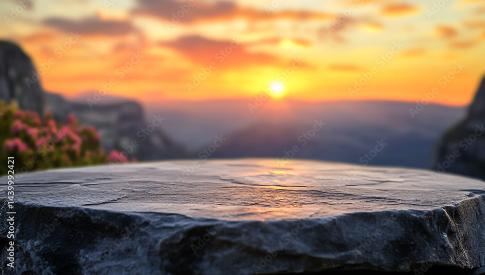 Obraz premium Stone Tabletop at Sunset Over Mountain Landscape