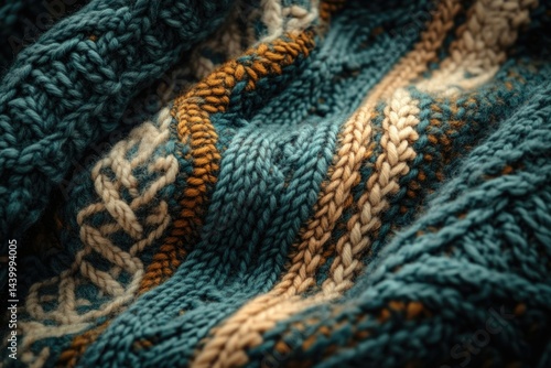 Close-up of teal, beige, and gold knitted fabric with textured patterns. Warm, cozy, and inviting.