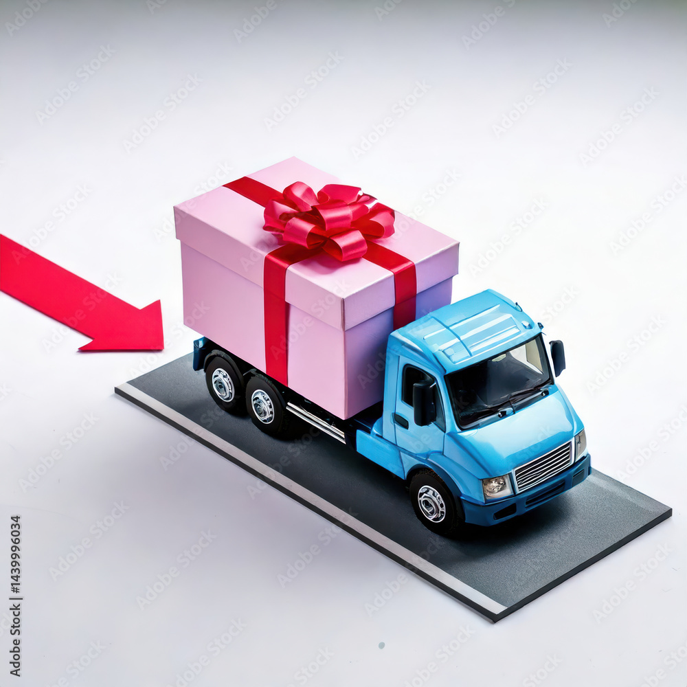 The image shows a blue and white truck with a large pink gift box on the back. The image shows a blue and white truck with a large pink gift box on the back.