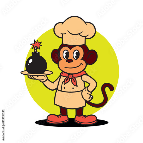 Cartoon monkey chef mascot wearing an apron and hat, serving a plate with a bomb, in a playful and humorous illustration. Isolated on a white background.