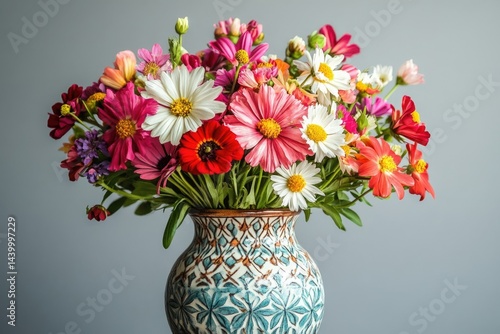 Wallpaper Mural A vibrant bouquet of colorful cosmos and daisies arranged in a decorative ceramic vase. Torontodigital.ca