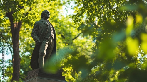 Statue of Thomas Jefferson surrounded by lush green trees in a park setting.