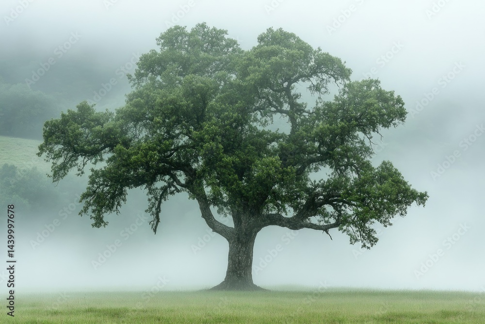 Fototapeta premium A lone oak tree stands majestically in a misty field, creating a serene and peaceful atmosphere.