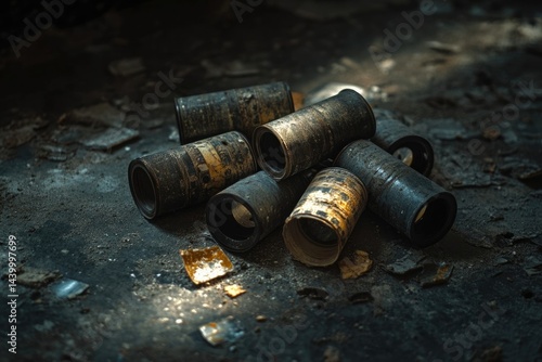 A pile of old, dusty, and damaged camera lenses rests on a grunge floor, hinting at forgotten memories and lost time. photo