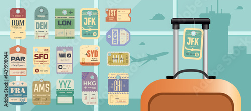 Set of beautiful vintage luggage tag, retro travel label set