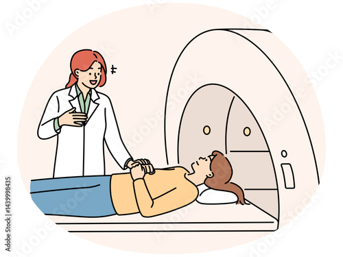 Professional woman doctor prepares patient for tomography procedure in clinic
