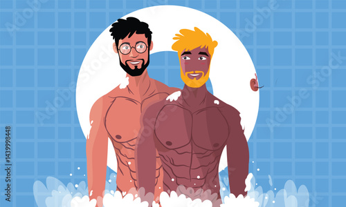 Gay couple smiling shirtless in bright background