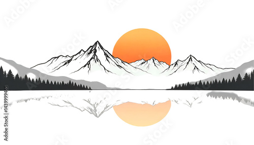A minimalist design featuring mountain outlines with a yellow sun rising or setting behind them, set against a white background.
