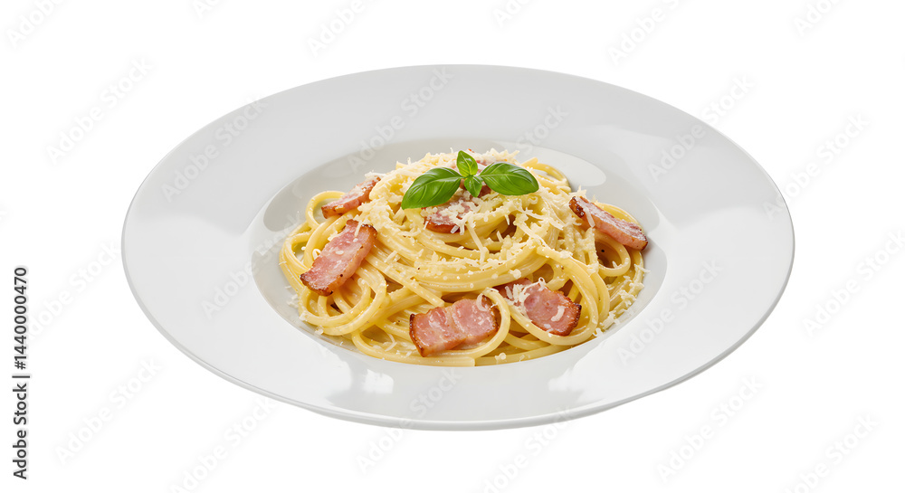 Serving of Spaghetti Carbonara on White Plate with Basil Leaf