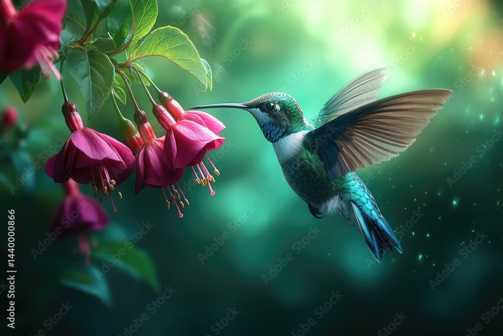 Naklejka premium A vibrant hummingbird hovers near fuchsia flowers, a moment of exquisite natural beauty.