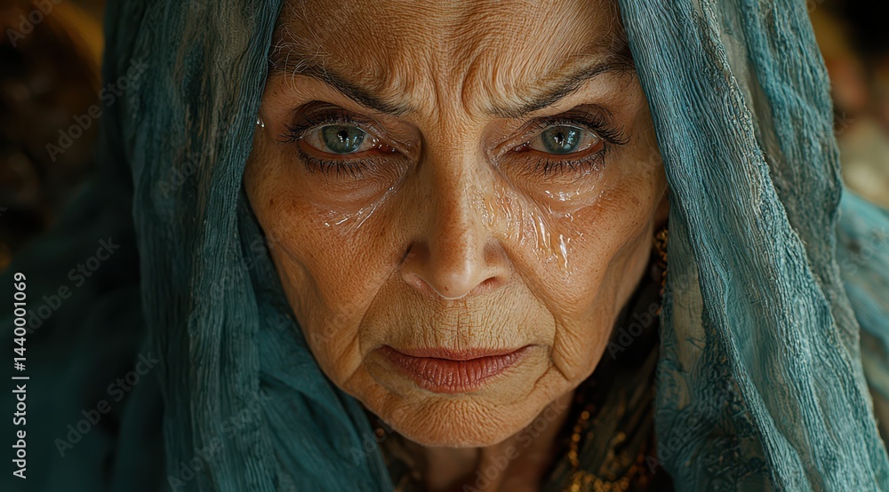 A Very Sad Old Woman With Tears in Her Eyes Looks at the Viewer in Close-Up Shot, and Wearing a Beautiful Blue Cloth A Very Sad Old Woman With Tears in Her Eyes Looks at the Viewer in Close-Up Shot, and Wearing a Beautiful Blue Cloth