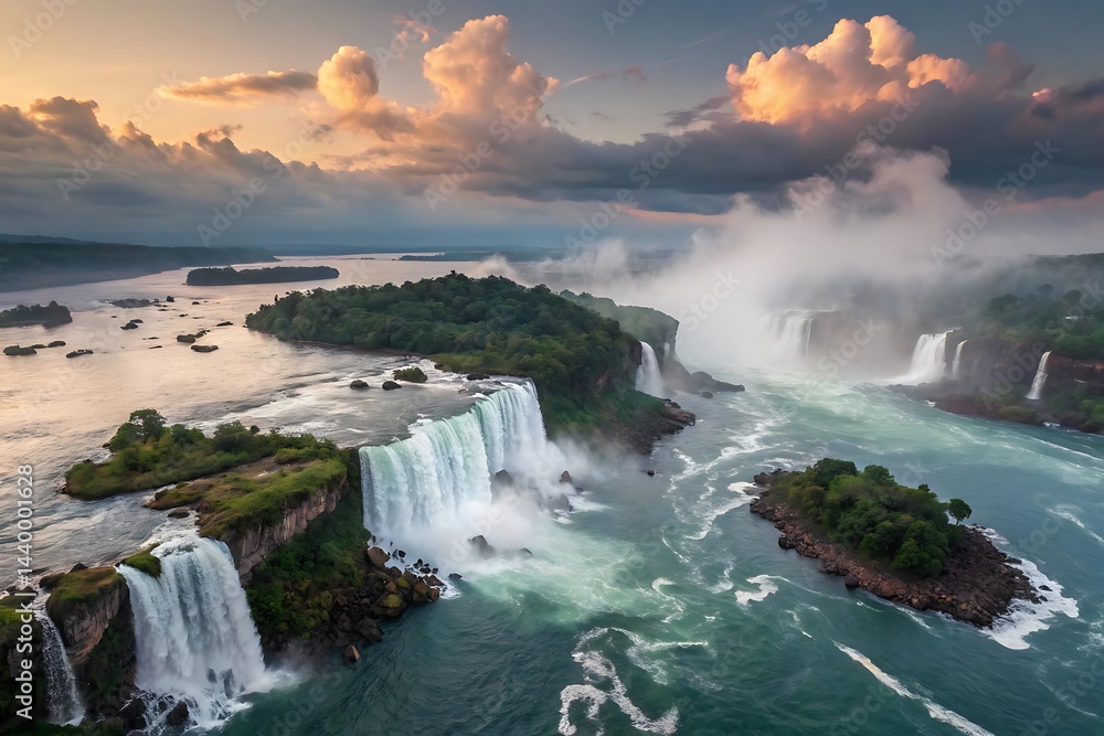 Obraz premium An aerial view showcasing the magnificent waterfalls with the sky in the background. The powerful cascades of water create a breathtaking scene.
