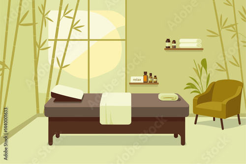 A relaxing spa room with a massage table and a chair. The room is decorated with bamboo and has a calming atmosphere