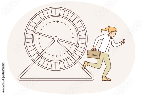Woman with business briefcase runs near hamster wheel wanting to reach career goa