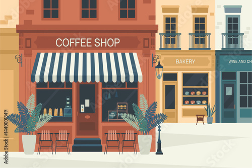 A coffee shop with a white and blue awning. The shop is located in a busy city street. Vector illustration