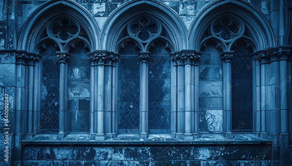 Obraz premium Exterior view of an old weathered gothic building wall with arched windows showing the charm and texture of historical architecture